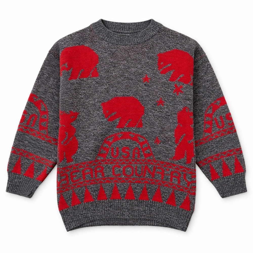 Vintage 1988 Bear Country Sweater USA Gray Red Knit L Cozy Animal Cat Kitty Meow